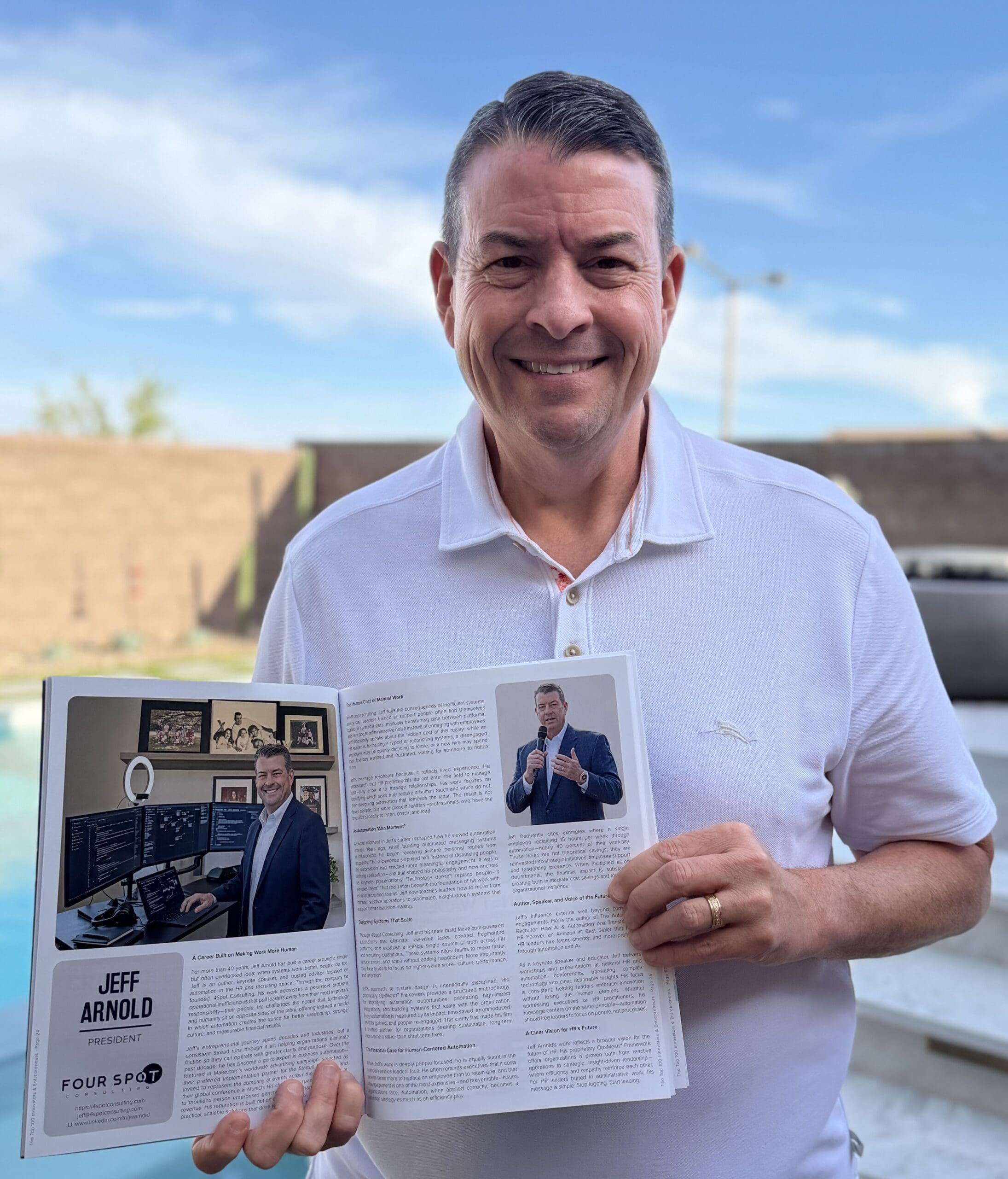 Jeff Arnold holding the 2026 edition of The Top 100 Innovators & Entrepreneurs Magazine, open to his two-page feature on HR automation and AI strategy.